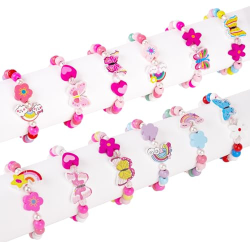 AUAUY 12Stk Holz Armbänder für Mädchen, Bunte Kinderschmuck Handmade Armband, Regenbogen + Schmetterlingsarmband Freundschaftsarmband Schmuck Kinder Mitgebsel Kindergeburtstag Mädchen Geschenke