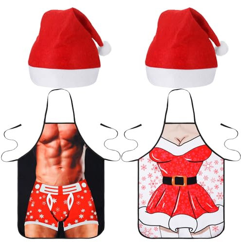 Hestya 4 Stück Lustige Weihnachtsschürzen und Weihnachtsmützen Set Neuartige Frau und Mann Backschürzen Weihnachten Lustige Geschenk Kochschürze für Kochen Essen Grillen Party