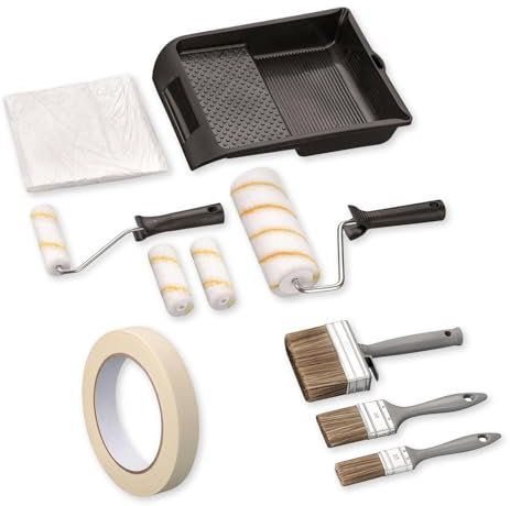 Malerset Farbroller Set Wandfarbe Streichset 12-teilig: Malerrollen, Farbschale, Pinselset, Abdeckvlies, Malerkrepp