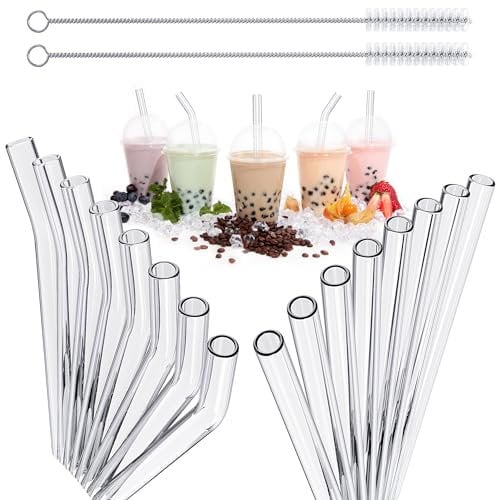 Obcarn 16 Pièces Pailles en Verre Grossier, 20cm 14mm Paille Bubble Tea, Verre Paille Reutilisable et 2 Brosses de Nettoyage, pour Cocktails Bubble Tea Smoothies