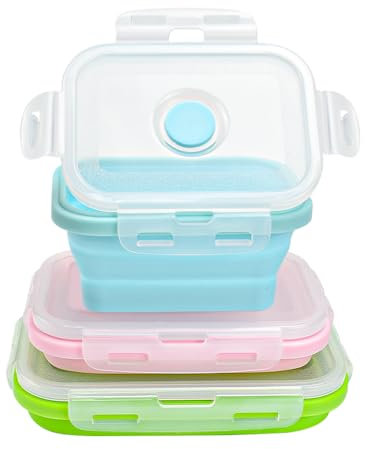 MININUSI 3 PCS 350ml 500ml 800ml Recipientes de Silicona Plegable Fiambrera de Silicona Plegable Sin Bpa Fiambrera Ligera Plegable con Cubiertos Recipientes para Alimento Ahorro de Espacio