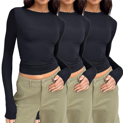 3er Pack Langarmshirt Damen Slim Fit Y2K Oberteile Langarm Shirts Rundhals Cropped Tee Einfarbig Basic Crop Tops Casual Athletisches Top Teenager Streetwear 3 Stück Vintage Clothes Stockholm Style