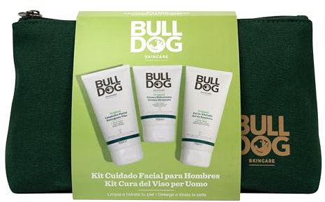 Bulldog Skincare - Kulturbeutel für Herren, Lieferumfang: Gesichtsreiniger 150 ml + Rasiergel 175 ml + Feuchtigkeitscreme 100 ml und nachhaltige Stofftasche | Geschenkset für Herren Gesichtspflege