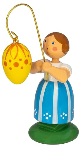 Seiffener Volkskunst Jan Legler | Handgeschnitzte Erzgebirge Frühlingsbote Ostermädchen Dekofigur | Traditionelle Dekoration für Ostern | Osterschmuck 8.5 cm | mit gelbem Ei