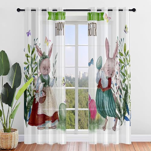ENEN 2er Set Scheibengardinen Modern Halbtransparent Bistrogardine, 3D-Osterhase Schlaufengardinen Gardinen Küche, Türgardine für Kleine Kinderzimmer Wohnzimmer (132x244cm,Ostern)