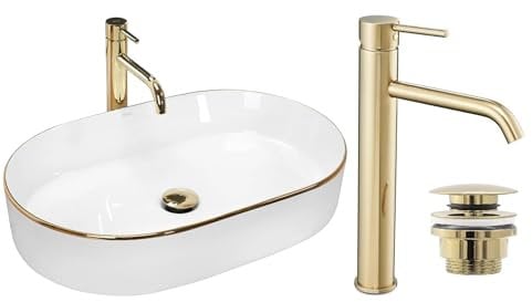 GTM Design Aufsatzwaschbecken Glanz Set mit Waschtischbatterie und Stopfen - Aufsatzwaschbecken Oval für Badezimmer - Modern Waschbecken ohne Hahnloch - Waschbecken mit Armature - Modell 11