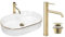 GTM Design Aufsatzwaschbecken Glanz Set mit Waschtischbatterie und Stopfen - Aufsatzwaschbecken Oval für Badezimmer - Modern Waschbecken ohne Hahnloch - Waschbecken mit Armature - Modell 11