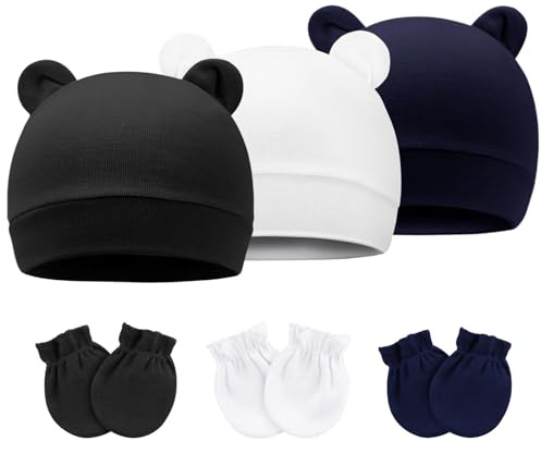 DRESHOW Neugeborene Babymützen Fäustlinge Set Krankenhausmütze Beanie Bärenohren Säuglingsmützen Baby Baumwollhandschuhe Kratzfreie Fäustlinge für 0-6 Monate