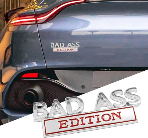 deemars Auto Bad Ass Edition Emblem, Auto Exterieur Embleme Abzeichen, 3D Kotflügelabzeichen Aufkleber mit 3M Kleber, Auto Exterieur Zubehör Metallaufkleber Universal für Autos (Silber rot)
