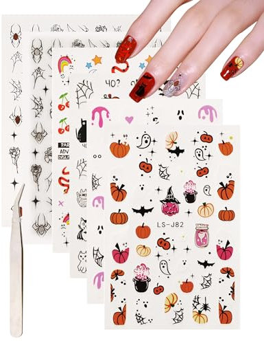 Nagelsticker Halloween-6 Blatt Nail Art Sticker Selbstklebend Nagelaufkleber und 1 Pinzette, Totenkopf niedlicher Horror Geist Kürbis Kat Spinne Goth Dekoration Nageldesign Zubehör,Nagel Stickers-SetD
