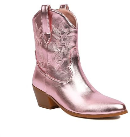 Stivaletti alla Caviglia con Tacco Spesso da Donna, Stivali Chelsea alla Moda retrò, Stivali da Cowboy Western Ricamati,Rosa,36 EU