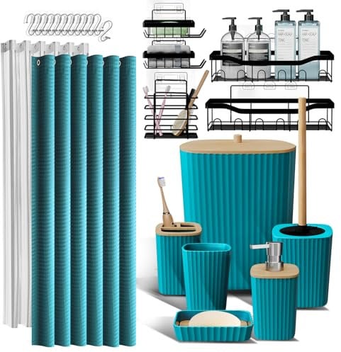 Shower Caddy and Bathroom Accessories Set, 25PC Bathroom Accessory Set with Shower Shelf Caddy for Bathroom Storage, Teal Shower Curtain Set, Toilet Brush, Trash Can, Soap Dispenser, Toothbrush holder