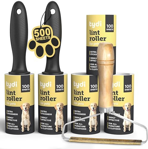 Tydi Lint Roller Set – 2 Handles, 500 Sheets & Lint Remover – Extra Sticky Lint Remover for Pet Hair, Clothes & Carpet – Includes 5 Large 100-Sheet Refills – Reusable & Eco-Friendly