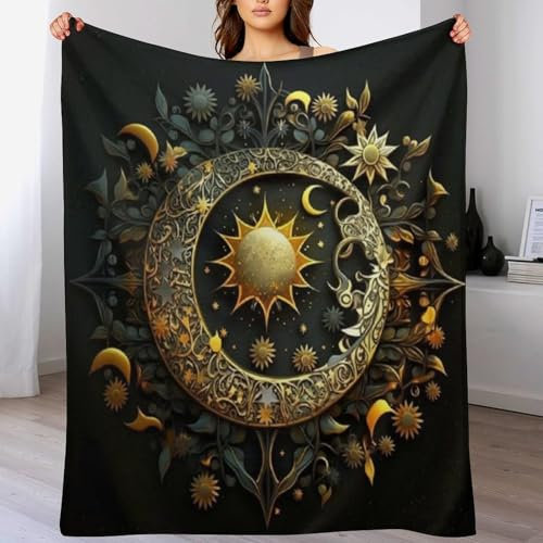 Sonne and Moon Fleece Decke, Flauschige Kuscheldecken, Superweiche Leichte Flannel Wohndecke Mit Druck Für Couch Bett/Sofa （130×150cm）