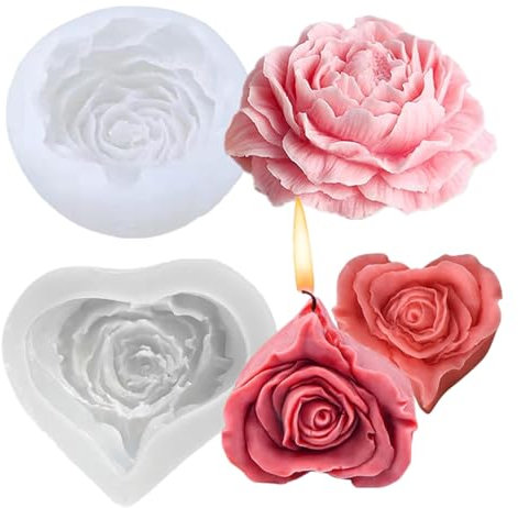 JOZMMZEOOA Kerzen Formen Silikon 2 Stücke 3D Blumen Silikonformen Gießformen DIY Rose Pfingstrose Kerzenform,für Kerzen Selber Machen Kuchen Backen Schokolade Seife Kerzenherstellung