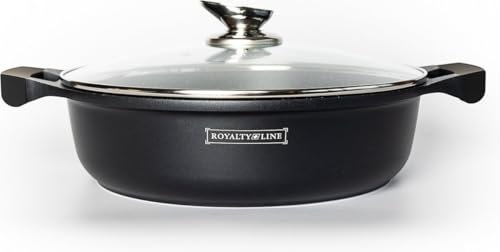 ROYALTY LINE, Große 34 cm Aluminiumkasserolle mit marmorierter Antihaftbeschichtung, Silikongriffe, geeignet für Gas, Elektro, Induktion - Marmorfarbe, Schwarz