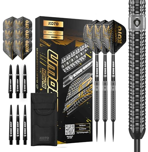 KOTO - Black Crown 90% Tungsten Darts, 22G-30G, Schwarz & Silber, Dartpfeile Inkl. 3 Barrels, Flights + Shafts & Dartwallet, Fester Ringgrip | 30 G Steeldart Pfeile, Inkl. 3 Barrels, 3 Dart Flight & 3 Shaft, Fester Ringgrip, Centre-Weighted Barrel