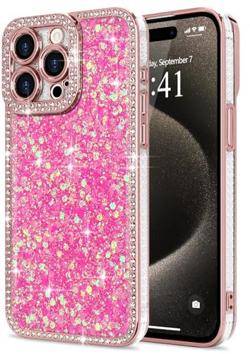 Lafunda Glitzer Hülle Kompatibel mit iPhone 15 Pro Max Handyhülle Mädchen Schuzhülle Glänzend Sparkle Diamond Hülle 3D Bling Kirstall mit Kameraschutz Case für iPhone 15 Pro Max Rosarot