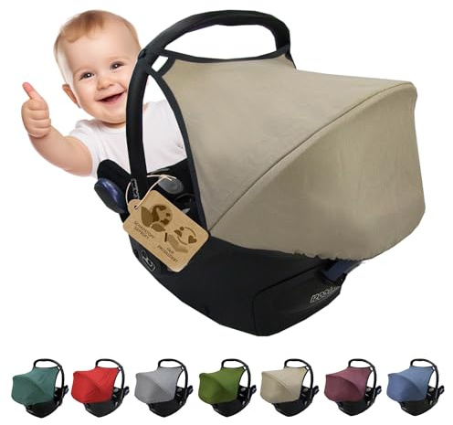 Sonnenverdeck Sonnendach kompatibel mit Maxi Cosi Cabrio Fix (mel beige) | für Babyschale, Sonnenschutz, UV-Schutz 50+, langlebiges & strapazierfähiges + Gratis Gurtpolster