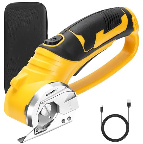 WODHMIEY Electric Scissors Cordless Rechargeable Cutting Tool SK5 Blade Safety Dual Switch LED Light USB-C Fast Charging Handheld Shears for Cardboard Fabric Leather DIY Crafting Sewing (Yellow)