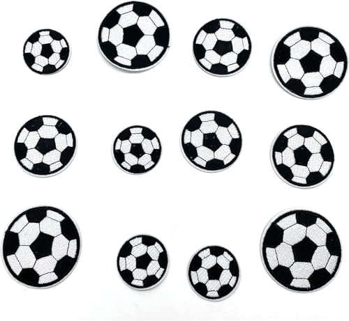 12 Stück Fußball Patches zum Aufbügeln, Fußball bügeln auf Patch, Aufnäher Fussball Fußball, Set in 3 Größen – Stickerei Patches für Kleidung, Jeans, Rucksäcke, Schals, T-Shirts, Socken