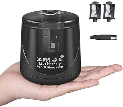 ZMOL Electric Pencil Sharpener, 2 Spare Blades & Brush, Black | Battery Operated, for 6-8mm No.2/HB & Coloured Pencils, Small Portable Pencil Sharpener with Container, School/Office/Home