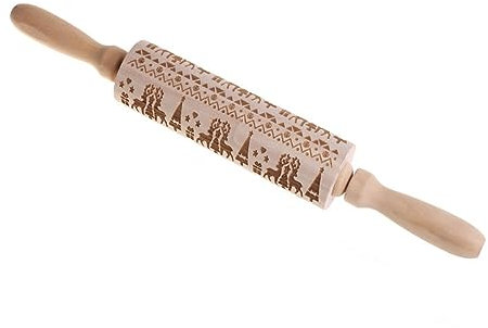 Mattarello in legno inciso 3D con motivi floreali e animali