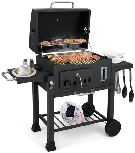 COSTWAY Barbecue à Charbon de Bois Extérieur 2 Tables Latérales Pliantes | Gril au Charbon avec Surface de Cuisson de 0,35 m2 Plateau à Charbon à 6 Positions & Étagère, pour Pique-nique Patio