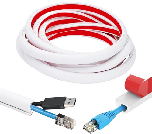 16.4ft/5m PVC White Cord Hider, Self Adhesive Cord Cover, Side Opening Floor & Wall Cable Hider for USB, TV, Speaker Wires & More, Ideal Cable Management
