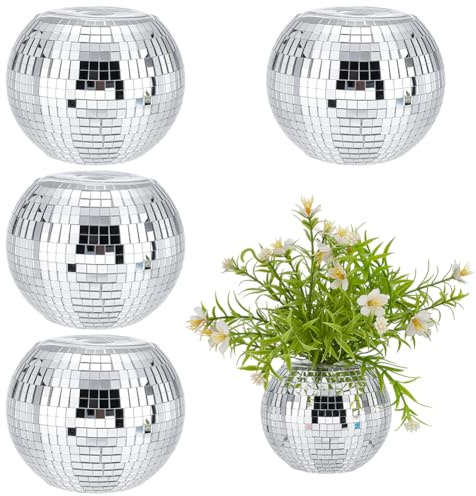 UNICRAFTALE 4Pcs Disco Ball Vase 102x82mm Glass Mirrored Disco Ball Planter Discos Balls Candles Holders Silver Centerpieces Discos Balls Decor for Bedroom Dining Table Wedding Party Birthday