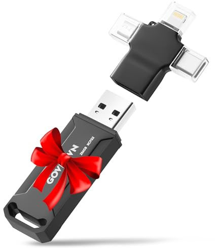Memoria USB de 256 GB para iPhone, almacenamiento seguro de fotos y videos 4 en 1 para iPhone, iPad, Android, Mac/PC, unidad de pulgar para iPhone, memoria y transferencia de archivos