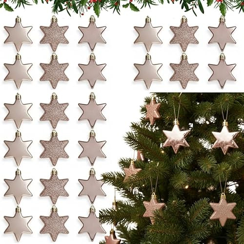 27PCs Rose Gold Christmas Star Ornaments 6cm - Glitter & Shiny Assortment - Christmas Star Hanging Xmas Tree Decorations for Winter Holiday Décor