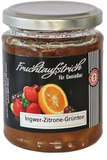 Schrader | Fruchtaufstrich Ingwer-Zitrone-Grüntee | fruchtig-würziger Brotaufstrich mit Ingwerstückchen, Zitronenöl und echtem Grüntee | 250 g
