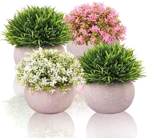 Small Artificial Plants Indoors for Bathroom, Small Fake Plants in Pots, Mini Plastic Potted Plant, Faux Plant for Office Decor, Desk, Bedroom, Bathroom, Kitchen, Home Summer Decoration, Mother's Day.
