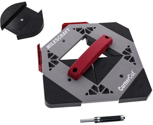 Milescraft 1232 Corner Cut - Plantilla de enrutador de esquina para carpintería y radio de esquina - Uso con enrutador de mano o mesa de enrutador - 8 perfiles con almacenamiento integrado. Broca de