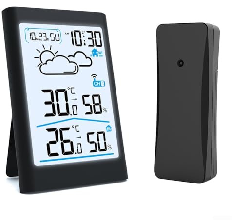 Digital Wireless Weather Station with Outdoor Sensor, Indoor Hygrometer Thermometer, Radio Clock, 7-Day Forecast, Frost, White(Black)
