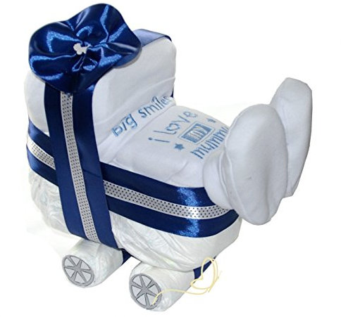 Windeltorte Windelwagen blau für Junge - Wunschlätzchen - Geschenk zur Geburt, Babyparty - 3 tlg Geschenkset