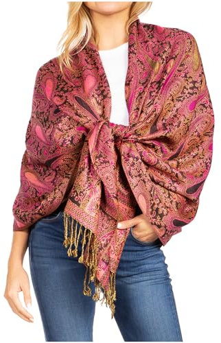 Sakkas 16125 - Kalin Long Wide Woven Patterned Fringe Tassel Pashmina Shawl/Echarpe - Rose/Noir - OS