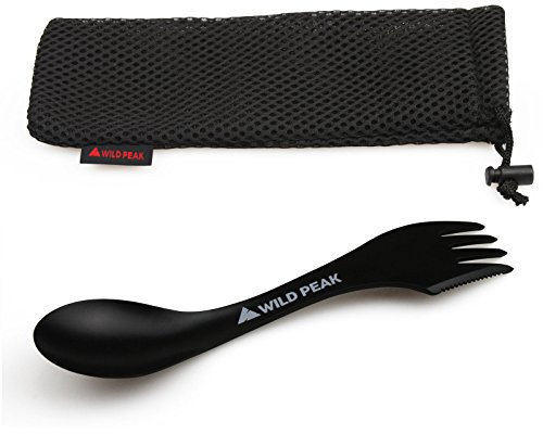 Wild Peak Plastic Spork - Lightweight & Strong All in one Spoon, Fork, Knife Cutlery with Optional Storage Bag ▲ (Jet Black, with Storage Bag)