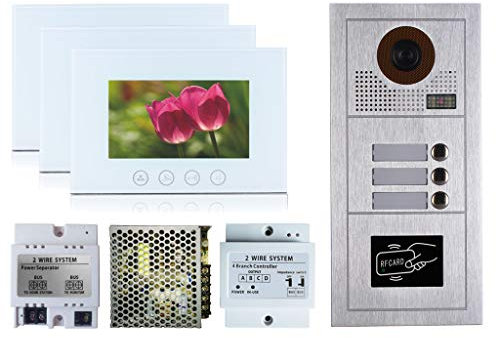 VIDEOCITOFONO 2 FILI 1 2 3 4 MONITOR LCD TOUCH FAMILIARE BIFAMILIARE CONDOMINIALE TELECAMERA (Kit Trifamiliare Completo Bianco)