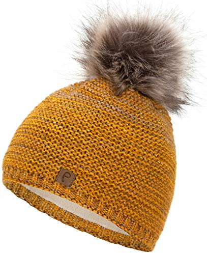Faera Wintermütze Mütze Damen warm gefüttert Kunstfell Bommel Bommelmütze Fleecefutter Winter Strickmütze Beanie Mütze 31