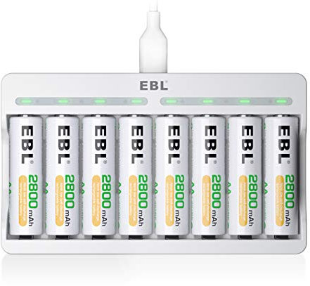 EBL Akku ladegerät mit 8*AA 2800mAh Schnell Akkuladegerät für 8X NiMH AA/AAA Akkus & wiederaufladbare Batterien und USB Geräte, weltweit einsetzbar, 8 Ladeschächte