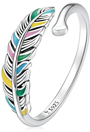 Qings Feder Ringe Sterling Silber - Verstellbarer Offener Bunter Federring Damen Mädchen Retro CZ Natur Blatt Finger Stapelbarer Mode Ring Hochzeit Verlobung Ewige Schmuck Geschenke