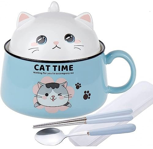 lachineuse – Cuenco de Ramen japonés con tapa – Cuenco de gato Kawaii – Cuenco de fideos instantáneos y desayuno – con cubiertos – Idea de regalo de anime Japón – Cuenco chino para niños adultos –