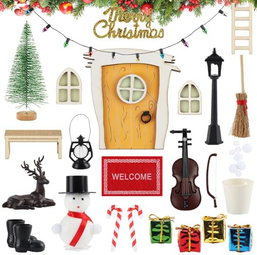 ACTOYS Wichtel Zubehör, 25 Pcs Weihnachten Wichteltür Komplettset, Wichteltür Zubehör Weihnachtswichtel Set, Weihnachtsbaum, Teppich, Stiefel, Besen, Miniatur Feentür Weihnachten Wichtelhaus