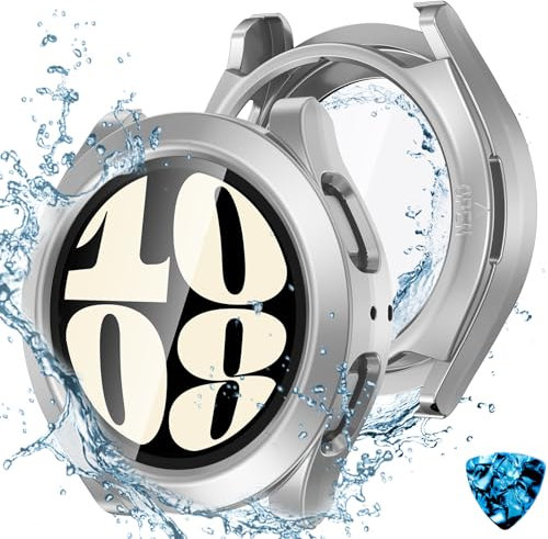 Kamita Cover Impermeabile Compatibile con Samsung Galaxy Watch 6 40mm, 2 in 1 Custodia Rigida in PC con Pellicola in Vetro Temperato, Copertura Completa Protettiva Case per Galaxy Watch6 (Argento)