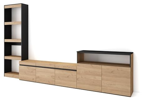 Skraut Home | Wohnwand Wohnzimmer | Wohnzimmermöbel, Möbelset | 310x186x35cm | Für TV-Geräte bis zu 65 | Wohnzimmer Möbel | Moderner Stil | Eiche Schwarz