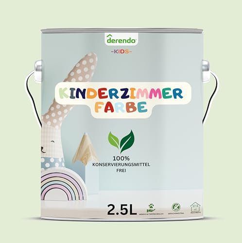 derendo Kinderzimmer Wandfarbe – Umweltfreundlich, Geruchsneutral, Hohe Deckkraft, Schadstofffrei – Farbenfrohe Auswahl pastellfarben Farbe (Pastellgrün - Froschgrün, 2,5 Liters)