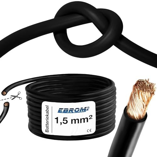 EBROM Cavo batteria altamente flessibile Hi-Flex (Hi Flex) 1,5 mm2 – Metro in nero – molto flessibile – Guaina in PVC (70 ± 5 Shore) 99,9% rame OFC 1,5 mm² – Cavo di avviamento, cavo di ricarica o