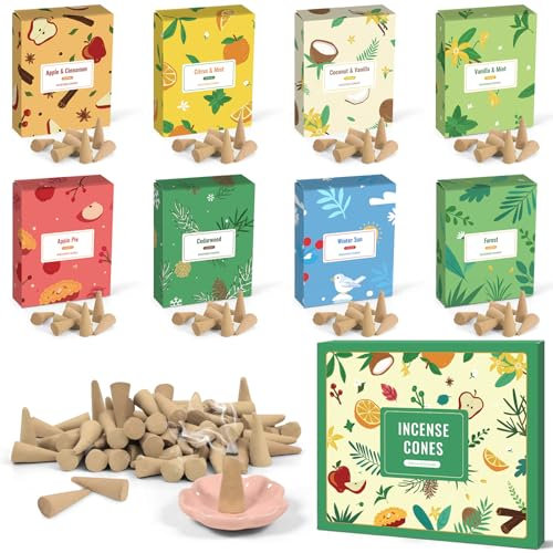 LA BELLEFÉE Cônes d'Encens, Encens Cône 120pcs, 8 Parfums Encens Cone, 1 Porte-Encens, Cone Encens Naturels pour Méditation, Yoga, Purification, Relaxation